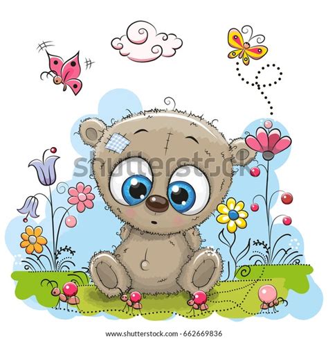 Cute Cartoon Teddy Bear Flowers Butterflies Stock Illustration 662669836