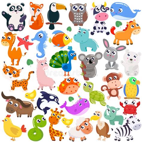 Big Set Of Cute Cartoon Animals Vector Flat Illustration Stock