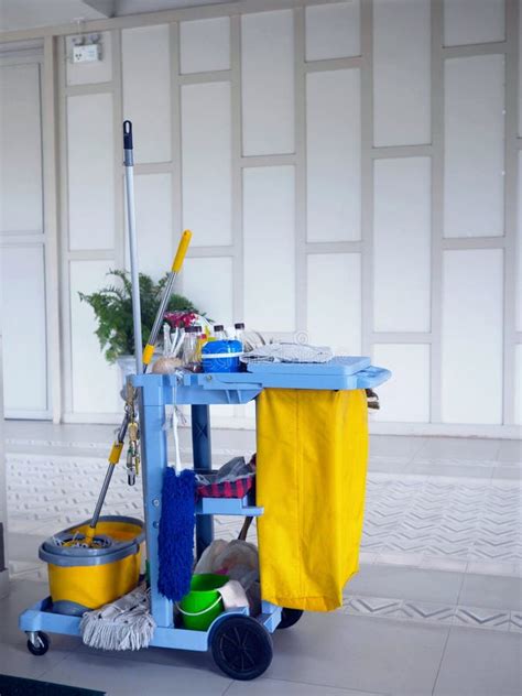 Cart Cleaning Tool Mop And Holder Broom Keep Tools At Hand Stock Photo