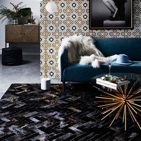 Black And Gold Customizable Art Deco Estrella Cowhide Area Floor Rug