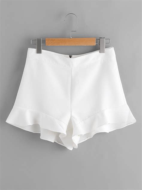 Frill Hem Zipper Back Shortsfor Women Romwe White Shorts Short Outfits Frill Shorts