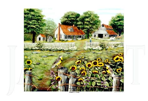 Landscape Paintings Sunflower Art Summer Cottage Folk Art Etsy
