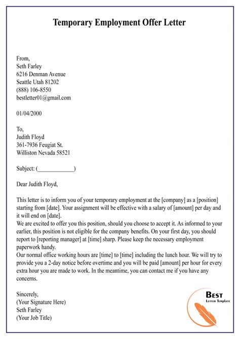 Employment Offer Letter Template Format Sample And Example
