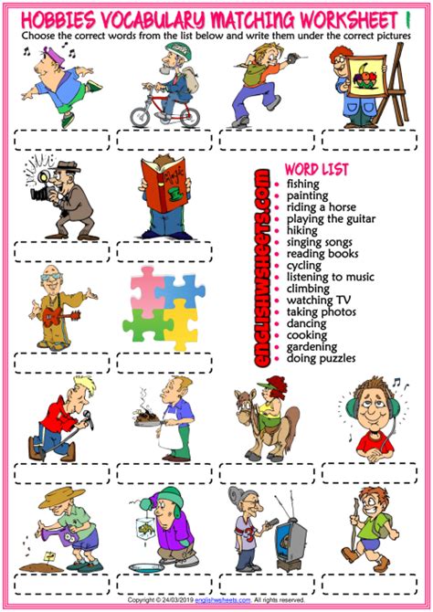 Hobbies Esl Vocabulary Matching Exercise Worksheets