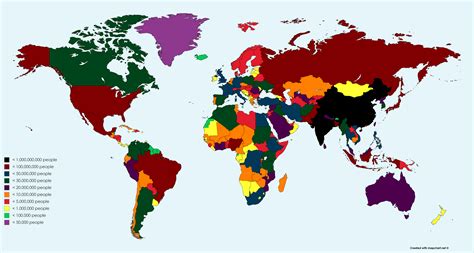 World Map With Colors Showing Countries With A Population Over A
