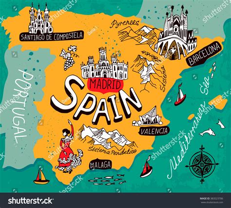 Illustrated Map Of Spain Stock Vektorgrafik Illustration 383523706
