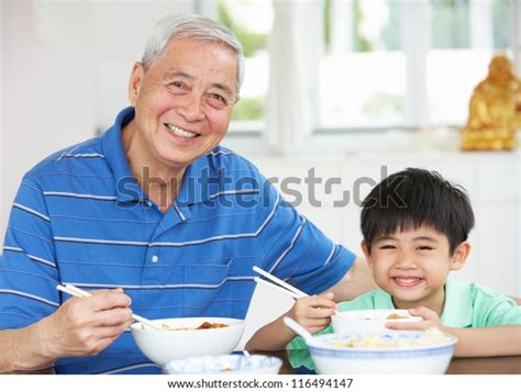 Portrait Chinese Grandfather Grandson Eating Meal Stock Photo Shutterstock