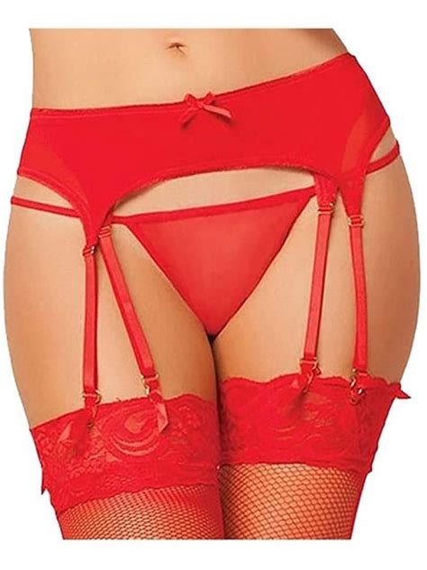 women sexy lace bow perspective thigh highs garter belt suspender lingerie red 1 c71945m94eo