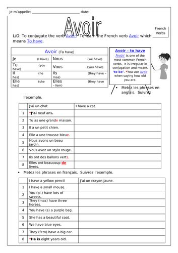 French Introduction To Avoir And Être Worksheets Teaching Resources