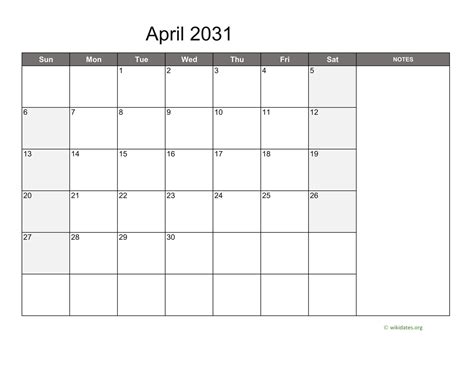 April 2031 Calendar With Notes