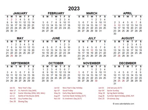 2023 Year At A Glance Calendar With Uk Holidays Free Printable Templates