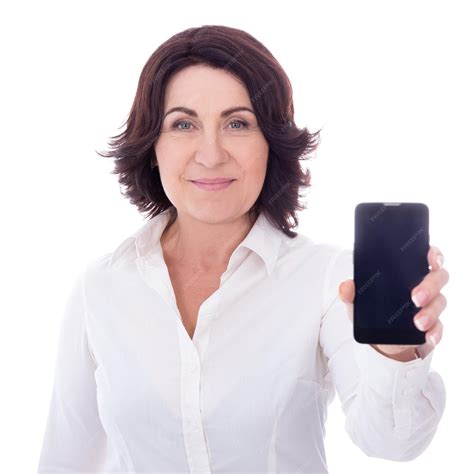 Premium Photo Mature Woman Showing Smart Phone With Blank Screen