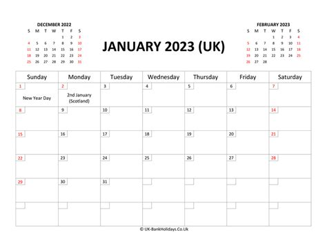 January 2023 Calendar Printable With Bank Holidays Uk