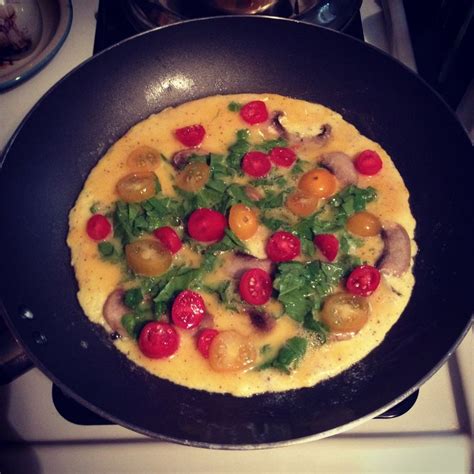 Omelette Made With Free Range Eggs Spinach Cherry Tomatoes Mushrooms