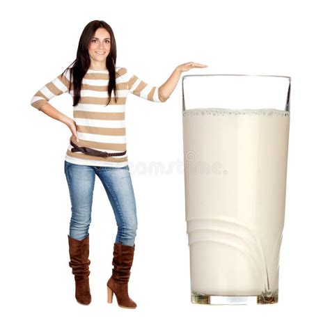 Beautiful Brunette Girl With A Big Glass Of Milk Stock Image Image Of Attractive Giant 20909387