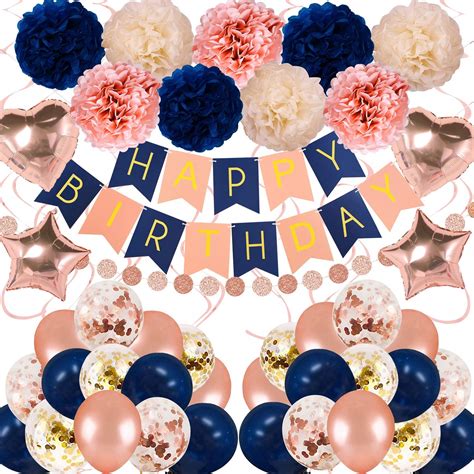 Buy Navy Rose Gold Birthday Decorations 61 Pieces Balloon Kit With Foil Balloonsflower Pompoms