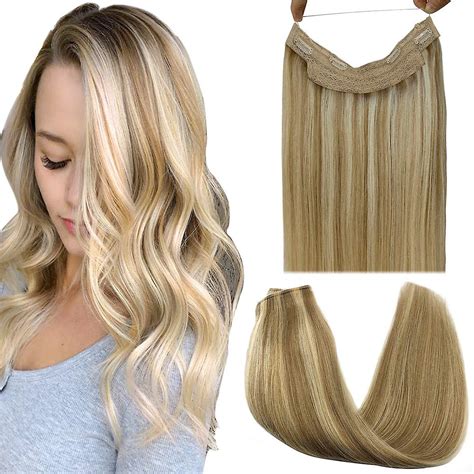 Halo Hair Extensions Real Human Hair Light Blonde Highlighted Golden Blonde Remy Crown
