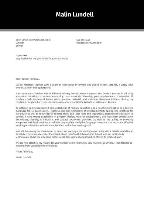 What to include in a special needs teaching assistant cover letter. Teacher Assistant Cover Letter Example | Kickresume