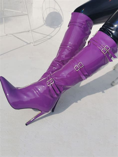 Women Knee High Boots Grape Purple Pointed Toe Stiletto Heel Sexy High