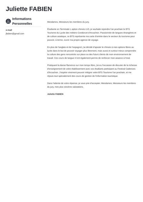 Exemple lettre de motivation BTS Tourisme pour Parcoursup