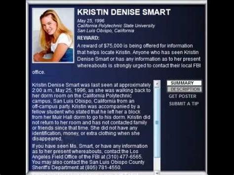 Kristin smart went missing in 1996, and now the fbi are saying they have a new update for her family. FBI Wanted - KRISTIN DENISE SMART - ($75.000 Reward) Kidnappings & Missing Persons - YouTube