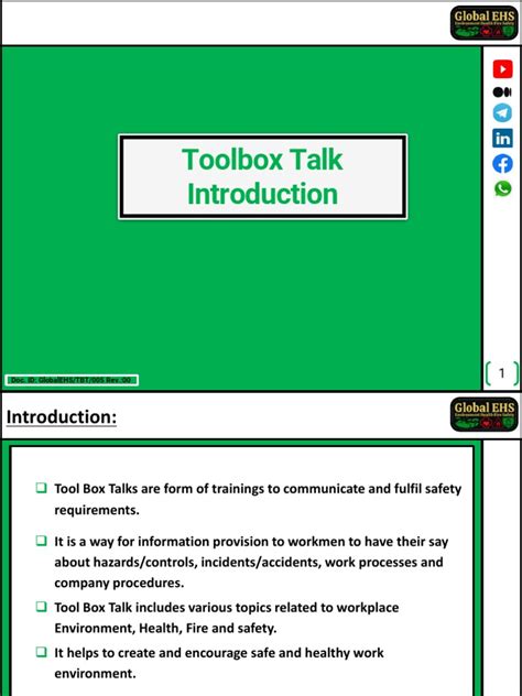 Introduction Of Tool Box Talk Rev 01 Global Ehs Tbt 001 Pdf Safety