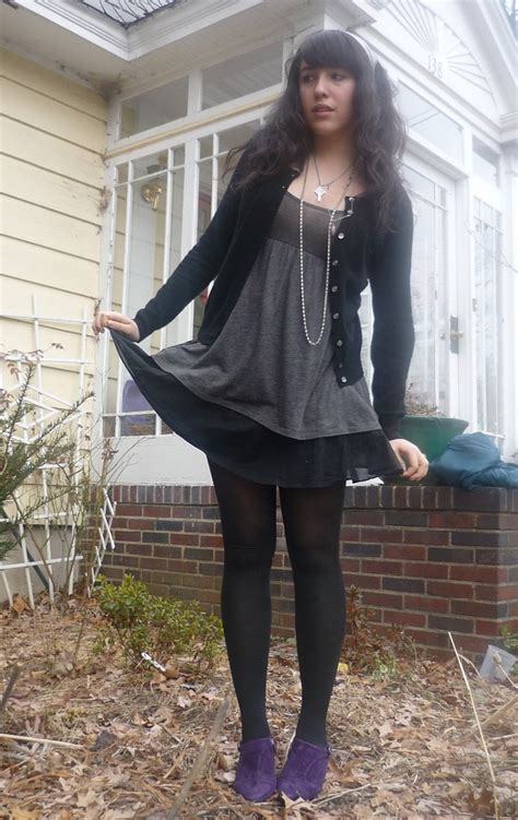 Brunette Teen Girl Wearing Black Opaque Pantyhose And Grey