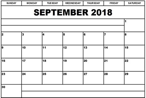 September 2018 Blank Calendar Word Printable Monthly Template