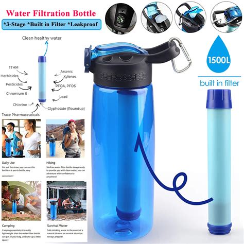 Portable Survival Water Filter Straw Purifier Bottle Camping Emergency