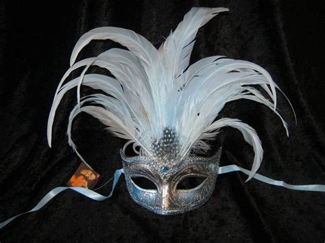 Silver And Blue Mask W White Feathers Venetian Carnival Masks