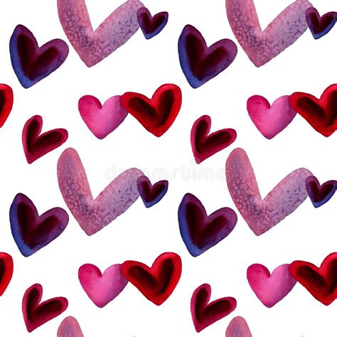 watercolor hearts in seamless pattern in shades of pink red purple and