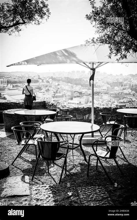 Open Air Cafe With Panoramic View In Lisboa Portugal Black And White