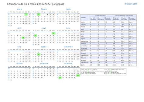 Calendario De Días Laborales Para 2022 Con Festivos En Singapur