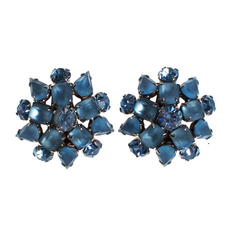 Vintage Frosted Light Blue Rhinestone Cluster Style Statement Earrings