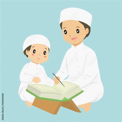 Muslim Boy Learning To Read Quran A Father Teaching His Son To Read