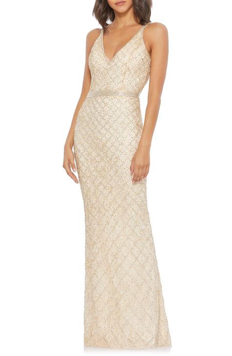 Mac Duggal Beaded Double Strap Sheath Gown In Natural Lyst