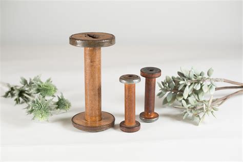 Vintage Wood Spools Set Repurposed Candle Holders Primitive Wool