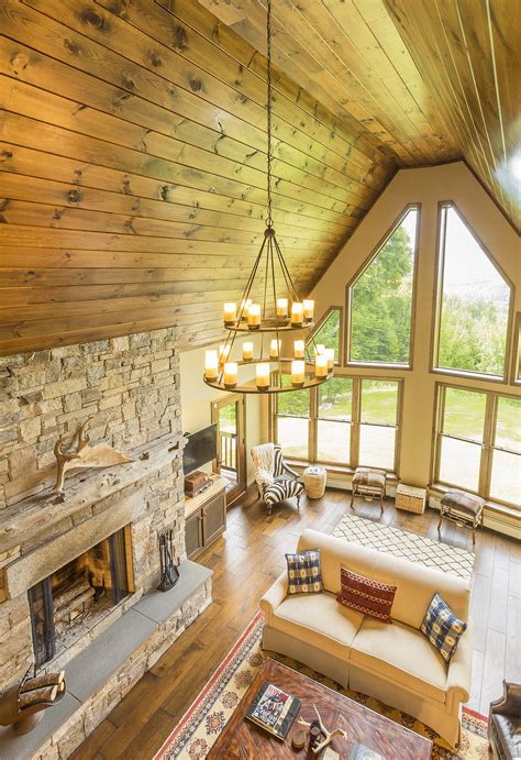 Natural Light Wood Ceiling Stone Fireplace Living Room Photos