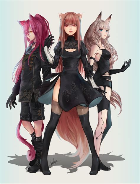 Safebooru 3girls Absurdres Animal Ears Black Dress Black Gloves Black