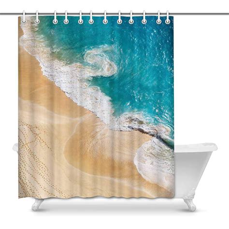 Artjia Aerial View Shower Curtain Tropical Sandy Beach And Blue Ocean Polyester Fabric Shower