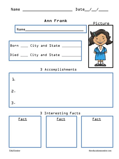 Anne Frank Biography Free Printable Worksheet Edumonitor