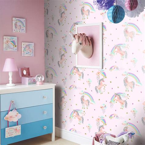 Arthouse Rainbow And Fairytale Unicorn Glitter Wallpaper White Pink