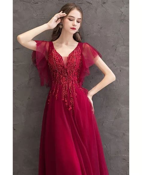 Beaded Burgundy Slim Long Prom Dress With Puffy Tulle Sleeves Dm69044