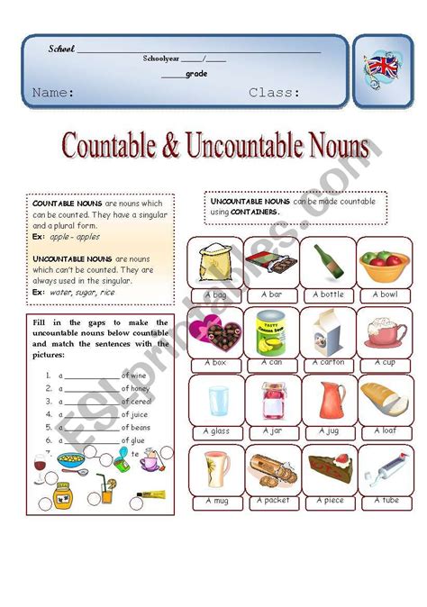 Countable And Uncountable Nouns Esl Worksheet By Sílvia73