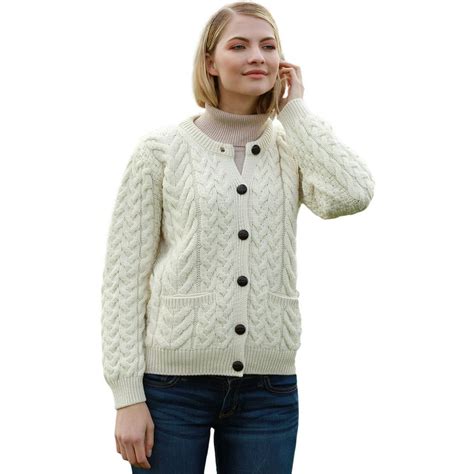 Aran Super Soft Merino Wool Button Up Cardigan Sweater Irish Cable