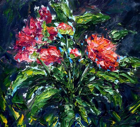 Abstract Red Flowers Original Oil Painting On Canvas Stock