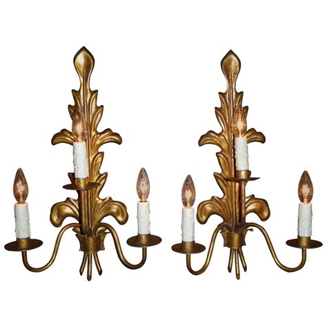 Modern Pair Of Acanthus Leaf Gilt Metal Three Candle Sconces 1950s For