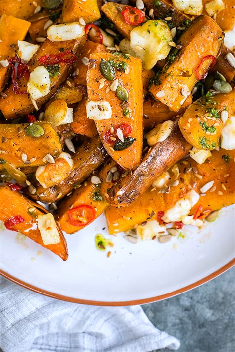 Honey Roasted Sweet Potato And Squash With Halloumi And Basil Oil