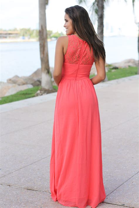 Coral Maxi Dress With Pleated Lace Top Beautiful Dresses Saved By