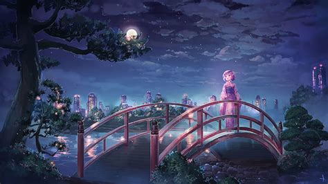 Hd Wallpaper Anime Anime Girls Bridge City Night Moon Trees